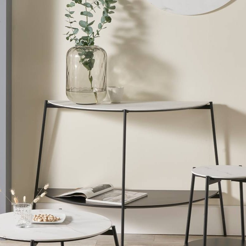 Marchello White Marble Veneer and Black Metal Console Table