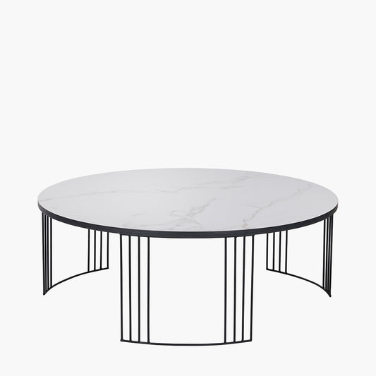 Atri White Marble Veneer and Black Metal Coffee Table