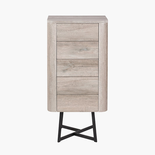 Ukiah Grey Oak Veneer and Black Metal 5 Drawer Tall Boy