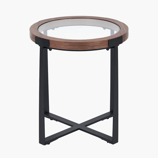 Vermont Clear Glass and Light Walnut Wood Veneer Side Table