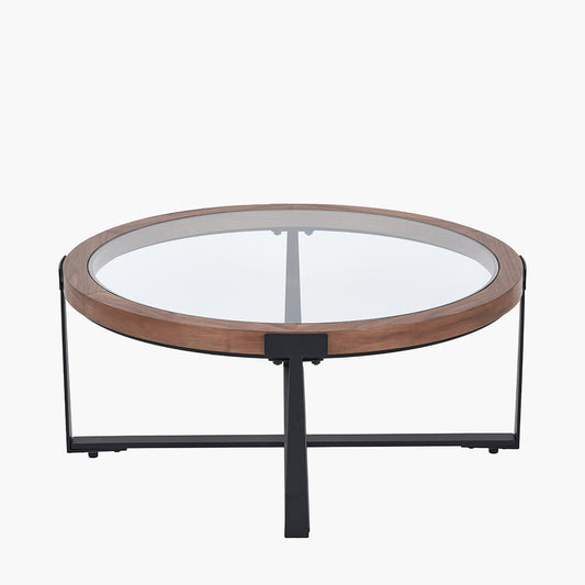 Vermont Clear Glass and Light Walnut Wood Veneer Coffee Table