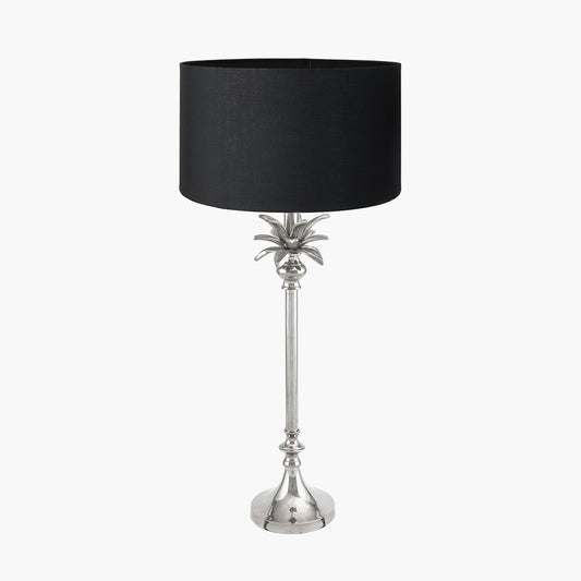 Trafalgar Nickel Metal Palm Tree Table Lamp Base with Harry 30cm Black Cotton Mix Cylinder Lampshade