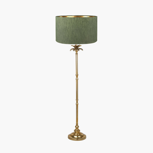 Trafalgar Gold Metal Palm Tree Floor Lamp Base with Stellan 45cm Green Slubbed Silk Mix Gold Lined Cylinder Lampshade
