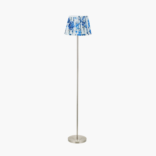 Sesvenna Brushed Silver Metal Stick Floor Lamp Base with Kyoto Flower 40cm Pleated Shade Cobalt
