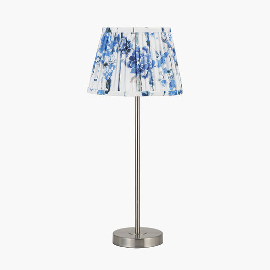 Sesvenna Brushed Silver Metal Stick Table Lamp Base with Kyoto Flower 25cm Pleated Shade Cobalt