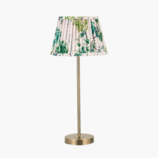 Sesvenna Antique Brass Metal Stick Table Lamp Base with Kyoto Flower 25cm Pleated Shade Emerald