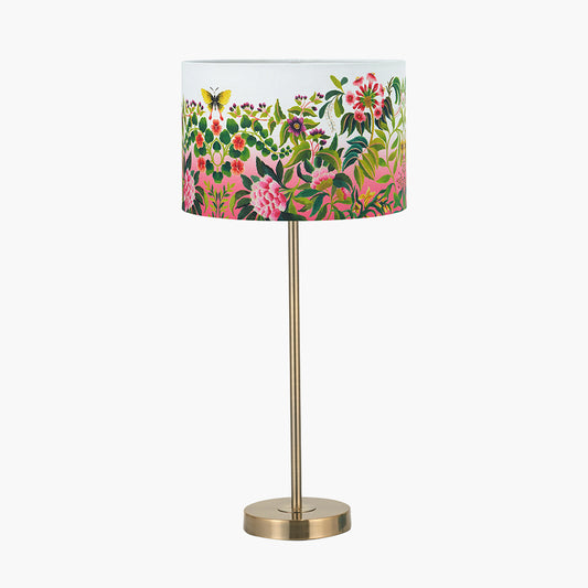 Sesvenna Antique Brass Metal Stick Table Lamp Base with Ikebana 35cm Drum Shade Fuchsia