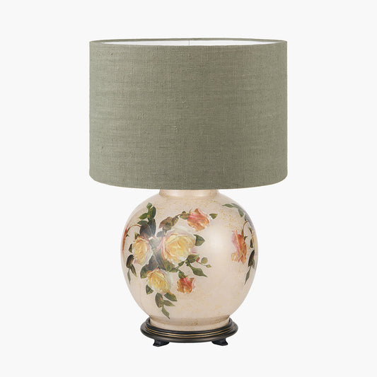 Classic Rose Large Glass Table Lamp Base with Edward 40cm Pistachio Green Linen Cylinder Lampshade