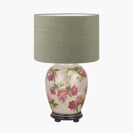 Hellebore Medium Glass Table Lamp Base with Edward 35cm Pistachio Green Linen Cylinder Lampshade