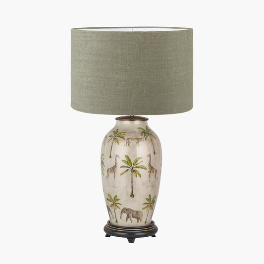 Safari Tall Glass Table Lamp Base with Edward 40cm Pistachio Green Linen Cylinder Lampshade