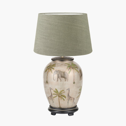 Safari Medium Glass Table Lamp Base with Milos 35cm Pistachio Green Linen Tapered Lampshade