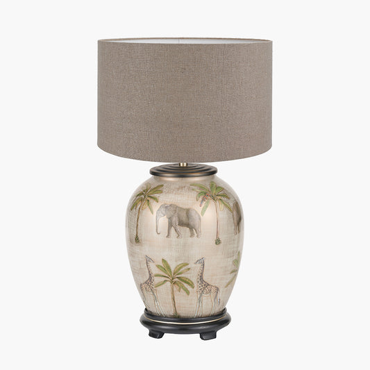 Safari Medium Glass Table Lamp Base with Edward 35cm Natural Linen Cylinder Lampshade