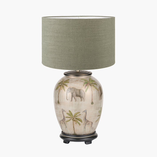 Safari Medium Glass Table Lamp Base with Edward 35cm Pistachio Green Linen Cylinder Lampshade