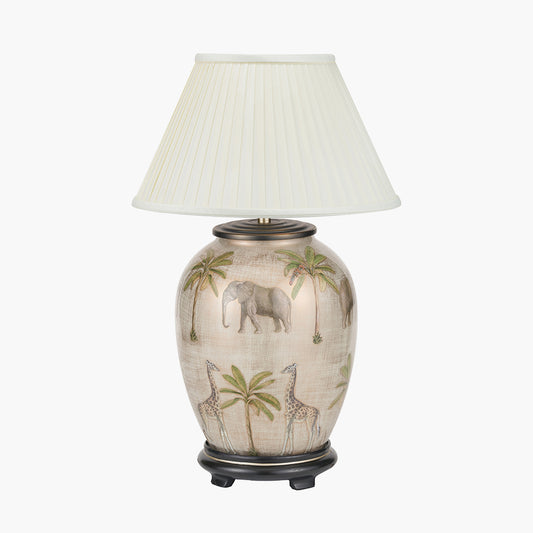 Safari Medium Glass Table Lamp Base with Bacall 40cm Almond Silk Knife Pleat Empire Lampshade