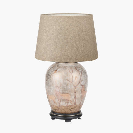 Deer Medium Glass Table Lamp Base with Milos 35cm Natural Linen Tapered Lampshade