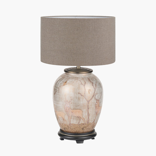Deer Medium Glass Table Lamp Base with Edward 30cm Natural Linen Cylinder Shade