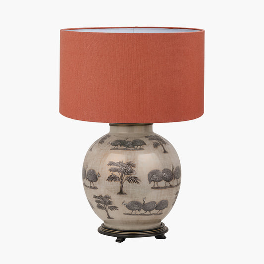 Guinea Fowl Large Glass Table Lamp Base with Henry 40cm Tobacco Handloom Cylinder Lampshade