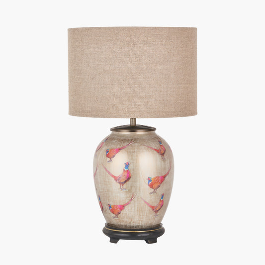 Pheasant Medium Glass Table Lamp Base with Edward 30cm Natural Linen Cylinder Lampshade