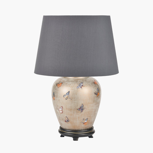 Butterflies Small Glass Table Lamp Base with Adelaide 30cm Steel Grey Tapered Cotton Mix Lampshade