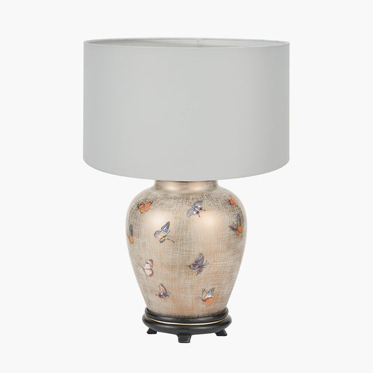 Butterflies Small Glass Table Lamp Base with Harry 25cm Ivory Cotton Mix Cylinder Lampshade