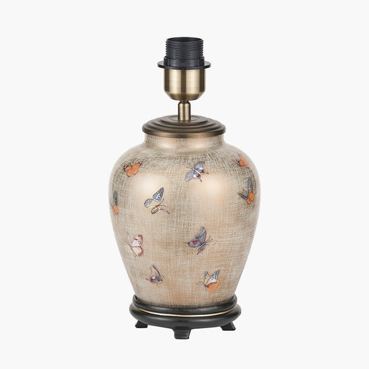 Butterflies Small Glass Table Lamp Base with Harry 25cm Steel Grey Cotton Mix Cylinder Lampshade