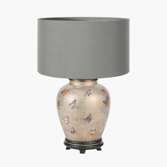 Butterflies Small Glass Table Lamp Base with Harry 25cm Steel Grey Cotton Mix Cylinder Lampshade