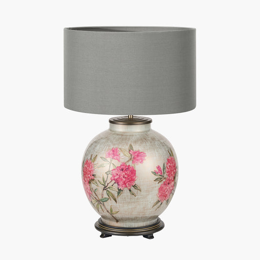 Rhododendron Large Glass Table Lamp Base with Harry 45cm Steel Grey Cotton Mix Cylinder Lampshade
