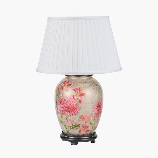 Dahlia Alstroemeria Medium Glass Lamp Base with Lyndon 35cm Ivory Silk Mix Knife Pleat Tapered Lampshade
