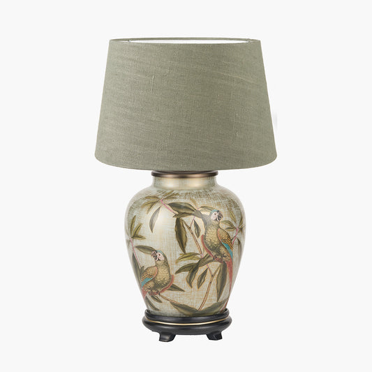 Parrot Small Glass Table Lamp Base with Milos 30cm Pistachio Green Linen Tapered Lampshade
