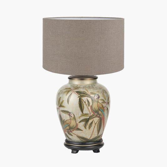 Parrot Small Glass Table Lamp Base with Edward 30cm Natural Linen Cylinder Lampshade