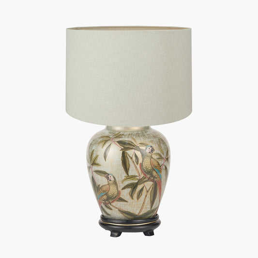 Parrot Small Glass Table Lamp Base with Lino 25cm Cream Self Lined Linen Cylinder Lampshade