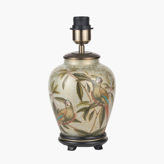 Parrot Small Glass Table Lamp Base with Lino 25cm White Self Lined Linen Cylinder Lampshade