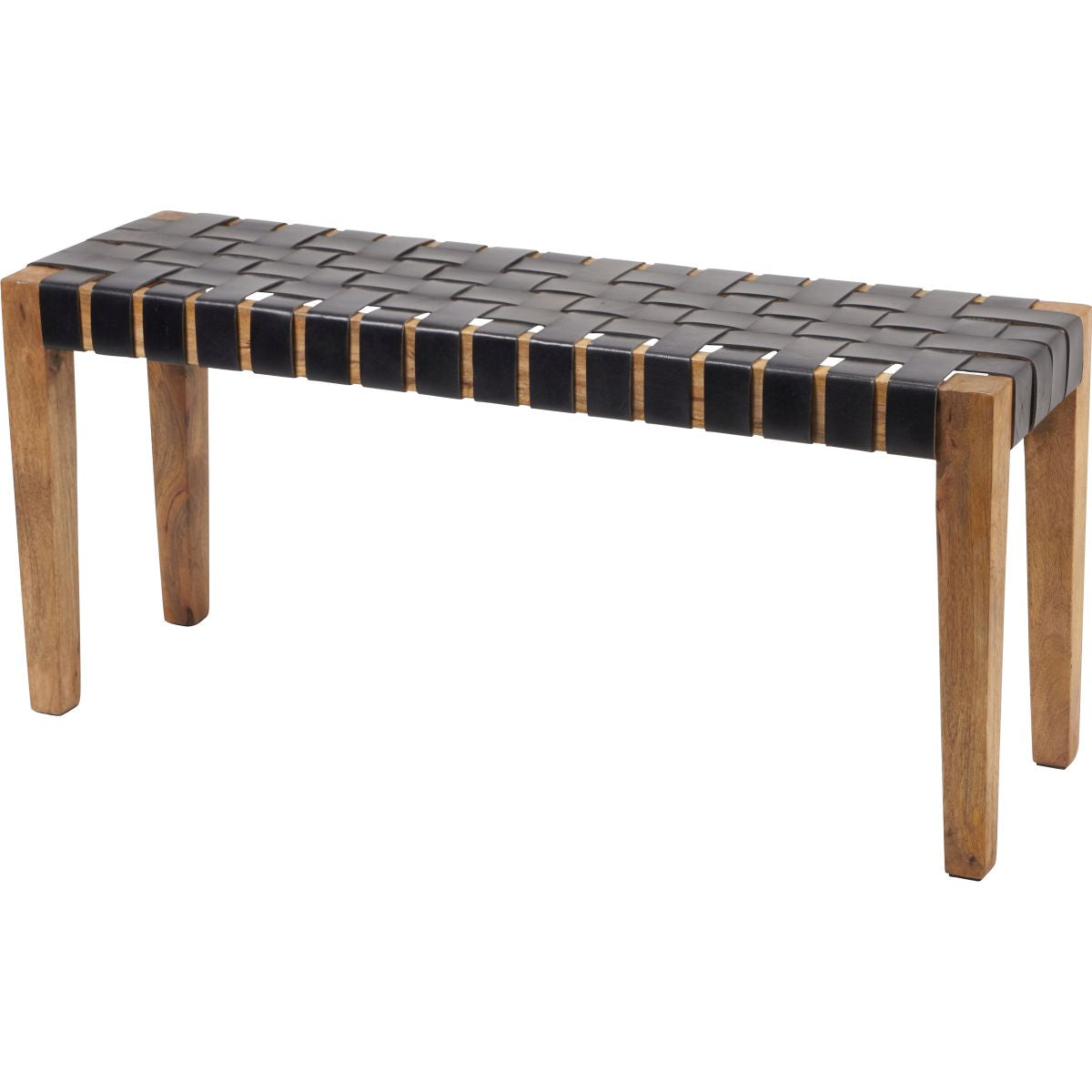 S/3 Claudio Black Woven Leather and Wood Bench and Stools
