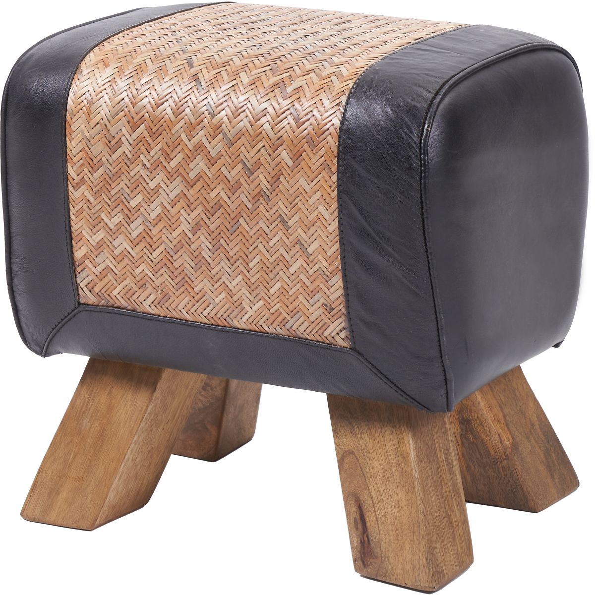 Pommello Black  Leather, Woven Rattan and Wood Stool