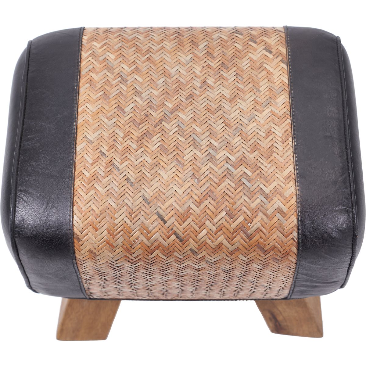 Pommello Black  Leather, Woven Rattan and Wood Stool