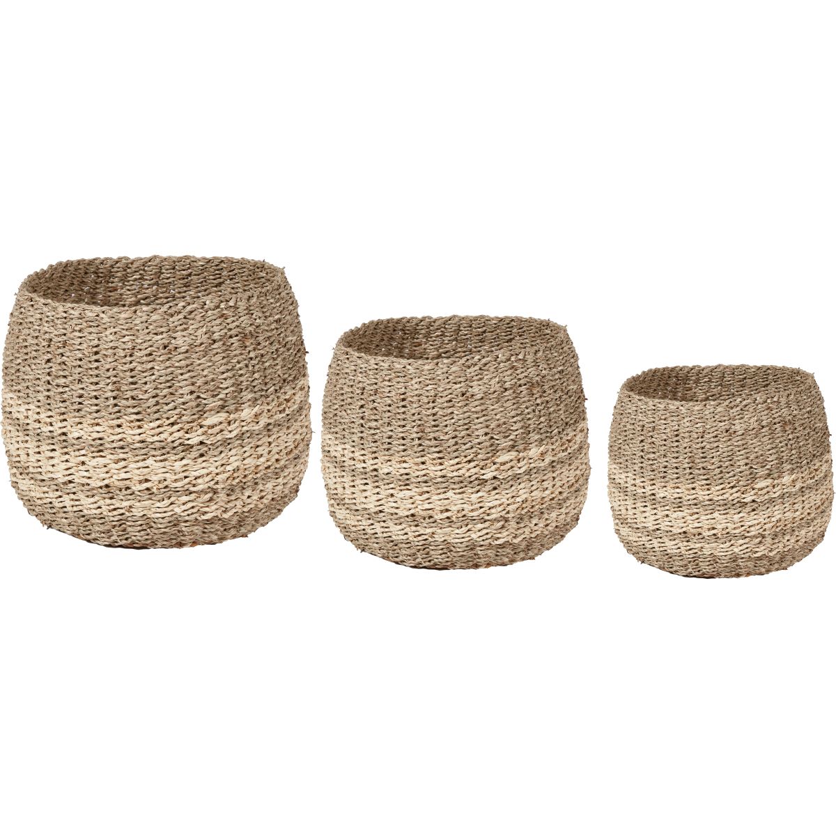 S/3 Woven 2-Tone Natural Seagrass and Palm Leaf Round Baskets