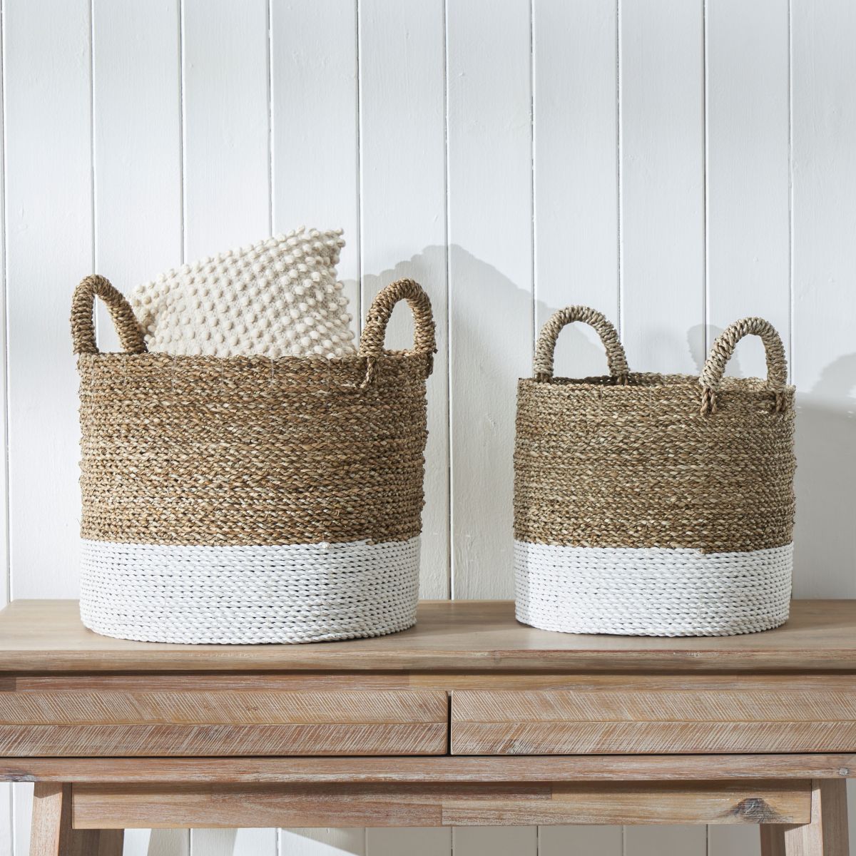 S/2 Banana Leaf Two Tone Natural and White Baskets