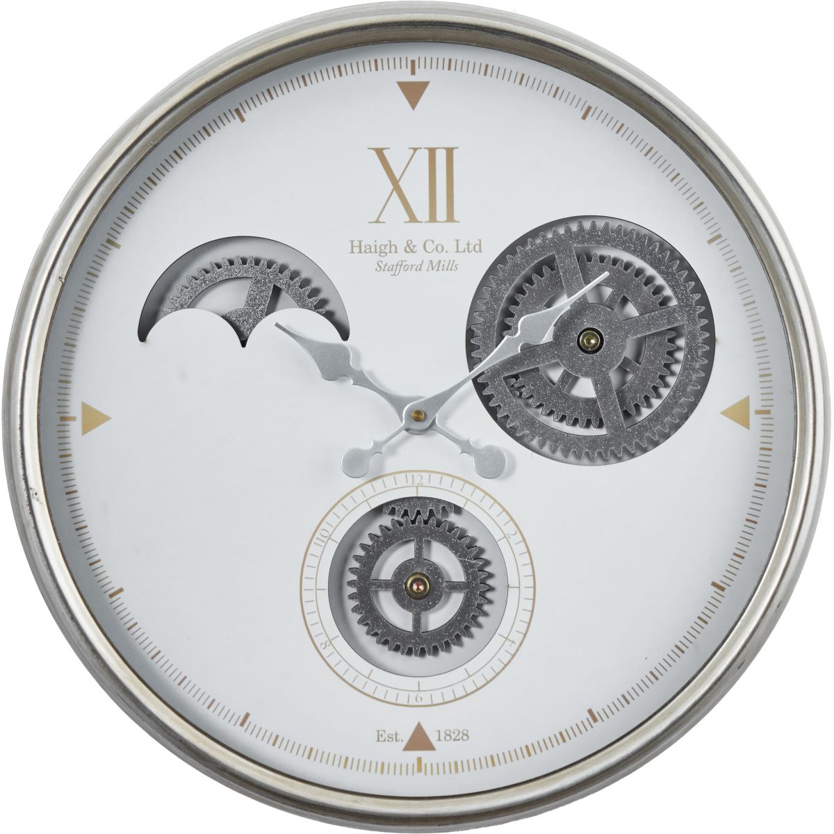 White and Silver Metal Cogs Wall Clock