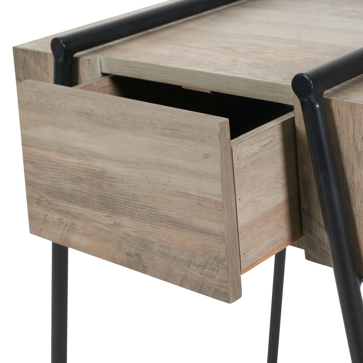 Osato Light Brown Wood Veneer and Black Metal 1 Drawer Side Table