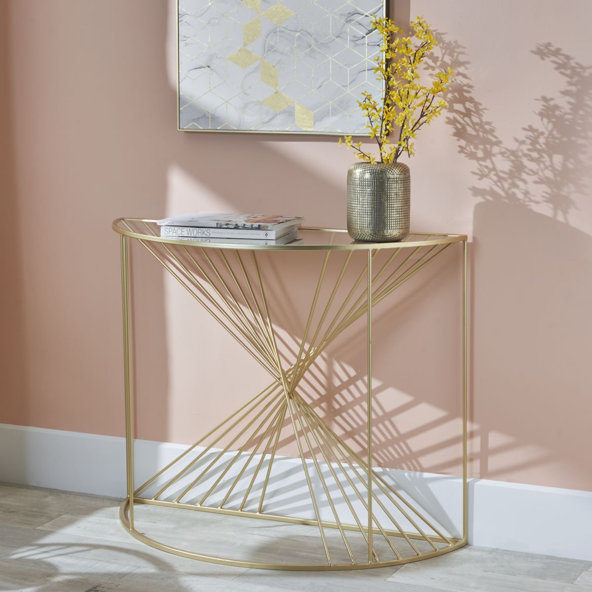 Liberty Glass and Gold Metal Half Moon Console Table