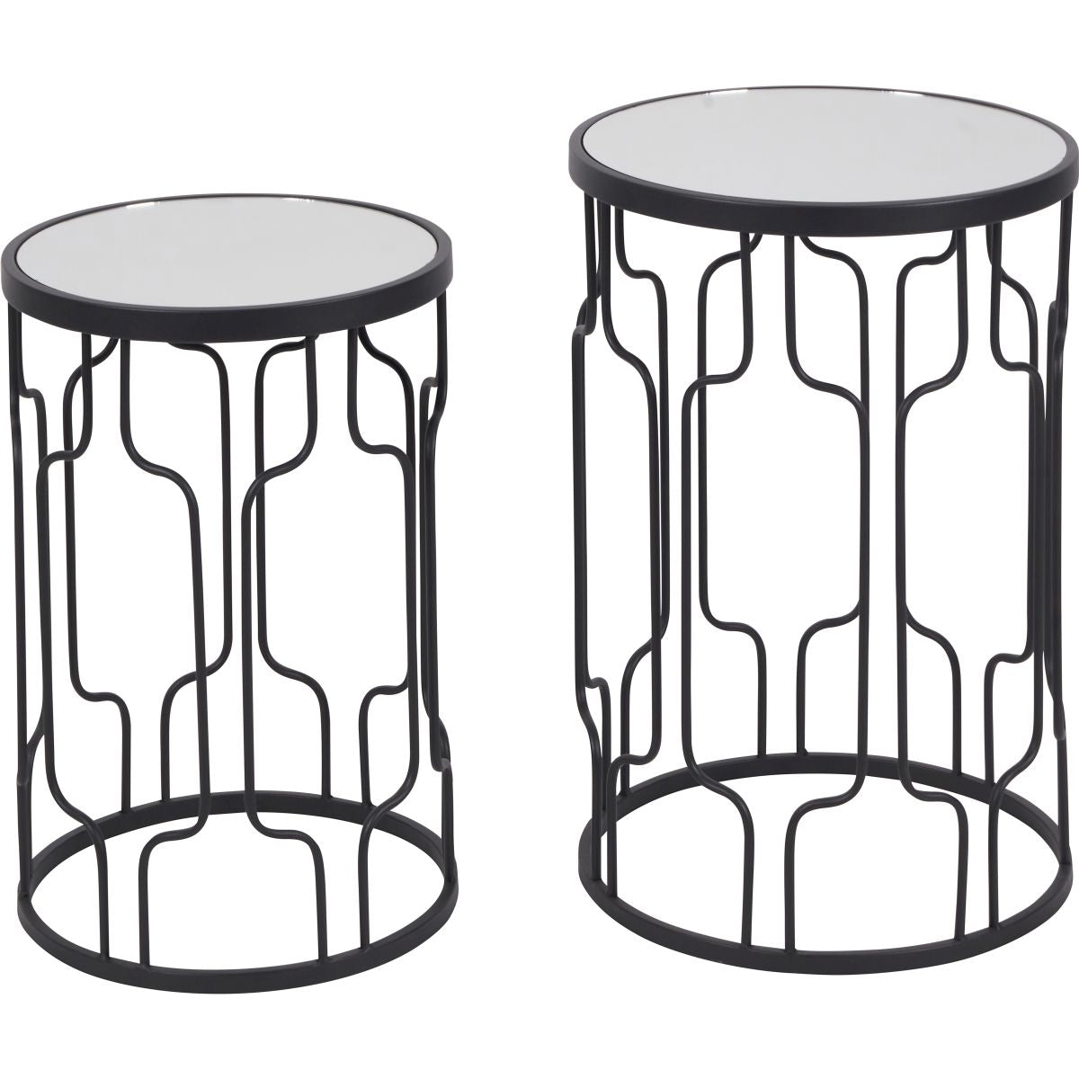 S/2 Caprisse Mirrored Glass and Graphite Metal Round Tables