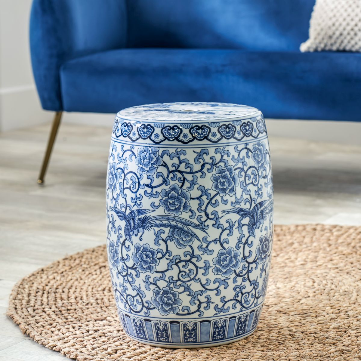 Matilde Blue and White Floral Ceramic Stool