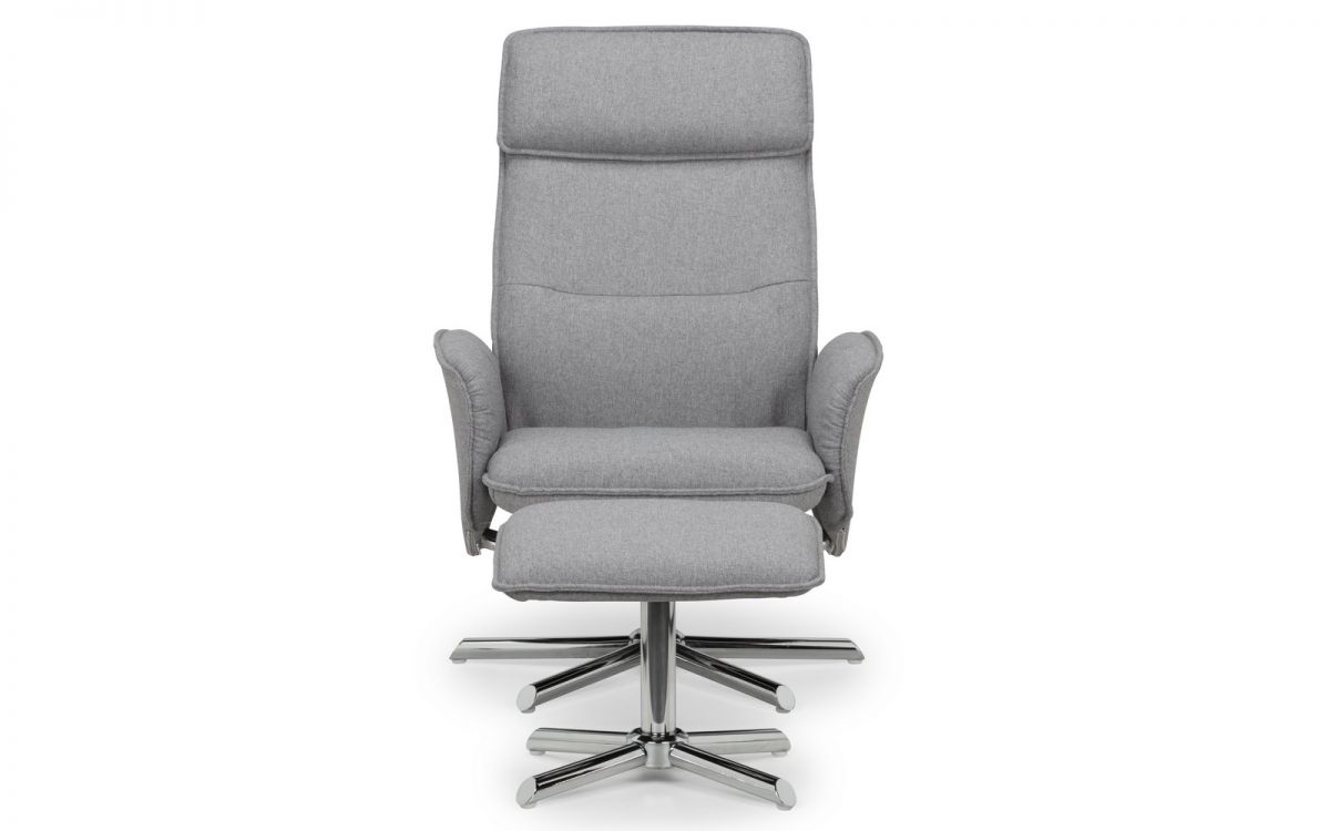 Aria Recliner & Stool With Chrome Base - Grey Linen