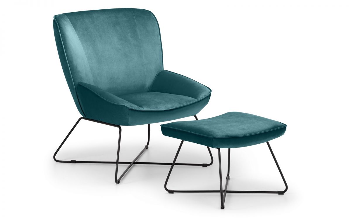 Mila Velvet Accent Chair With Stool - Teal